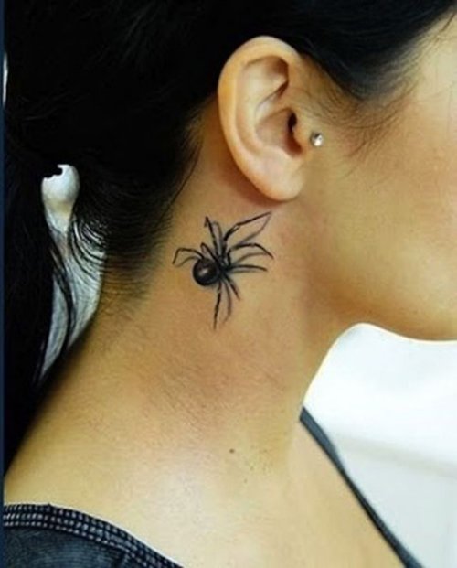 Optical Illusion Spider Tattoo on Side Neck
